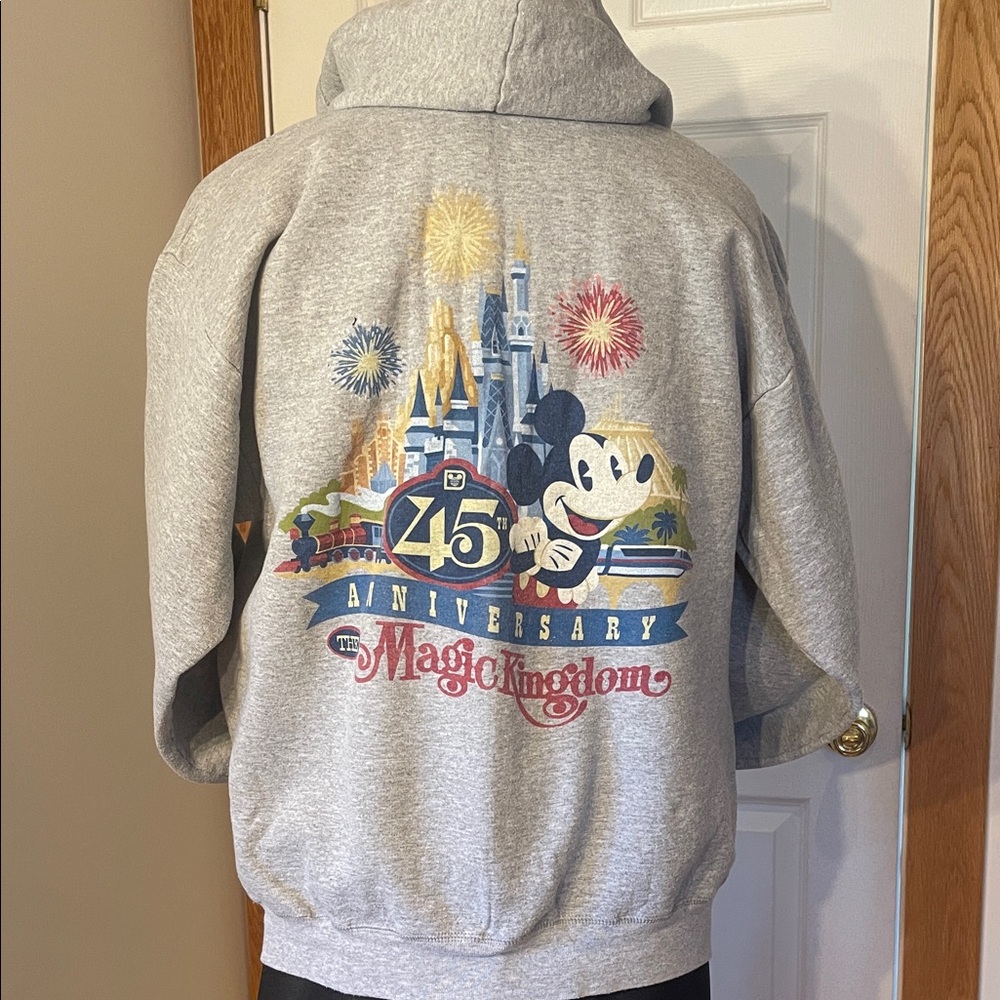 Unisex. Gray Zip-Up Hoodie with Mickey 45th Anniversary Patch Sz L
